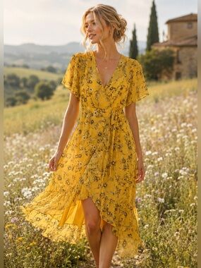 Calvin Klein Yellow Floral Faux Wrap Midi Dress Size 2 Chiffon Flutter Sleeve